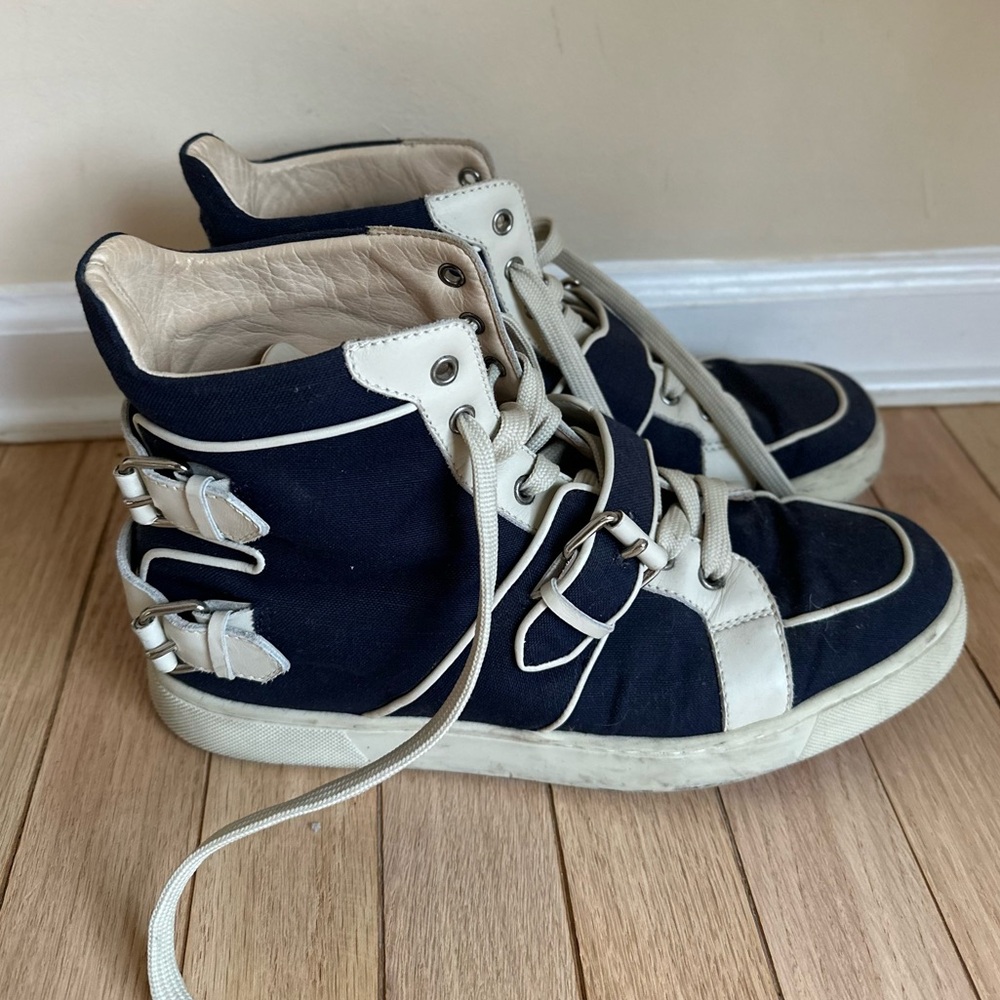 Christian Louboutin high-top sneakers in navy blue canvas and cream leather
